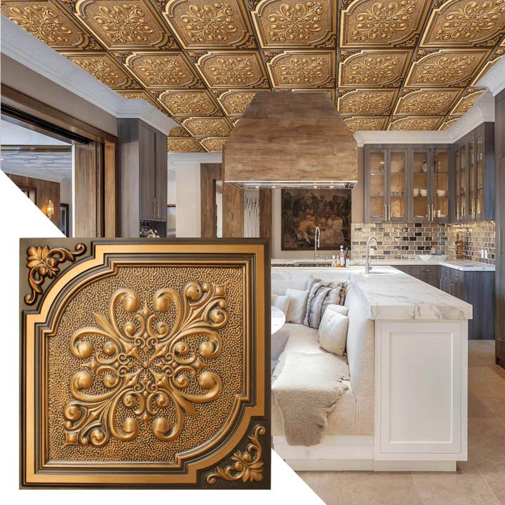 PVC Ceiling Tiles, 2 ft x 2 ft, Glue Up or Lay In, Wipe-clean, Waterproof - Victorian Botanical Antique Gold for wholesale by Dundee Deco