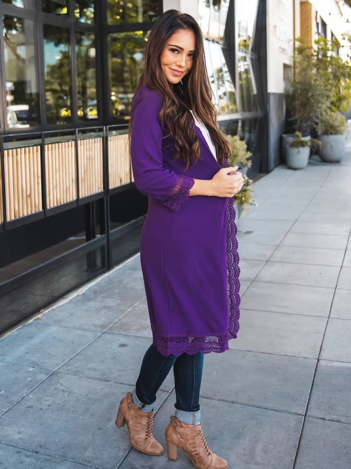 Tickled Teal - Wholesale Cardigan - Women's - 3/4 Sleeve Lace Trim Cardigan6