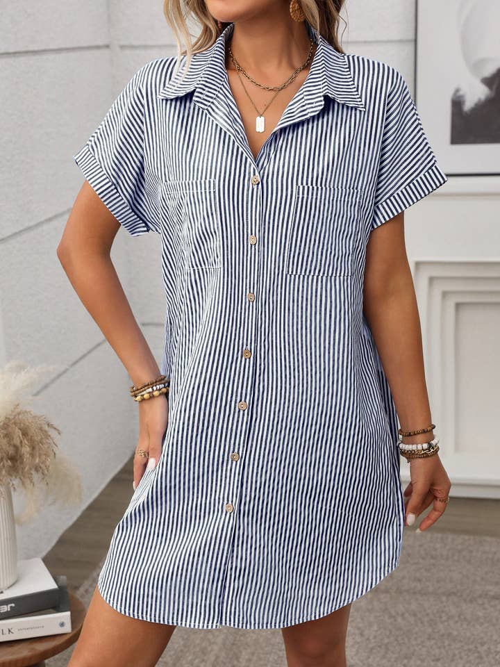 Suhkasana - Wholesale Dress - Women's - Striped Cotton Linen Shirt Dress14