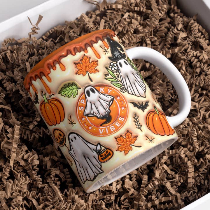 Orange Spooky Vibes Mug, Puff Halloween Ghost Mug for wholesale by NVC Ecommerce LLC