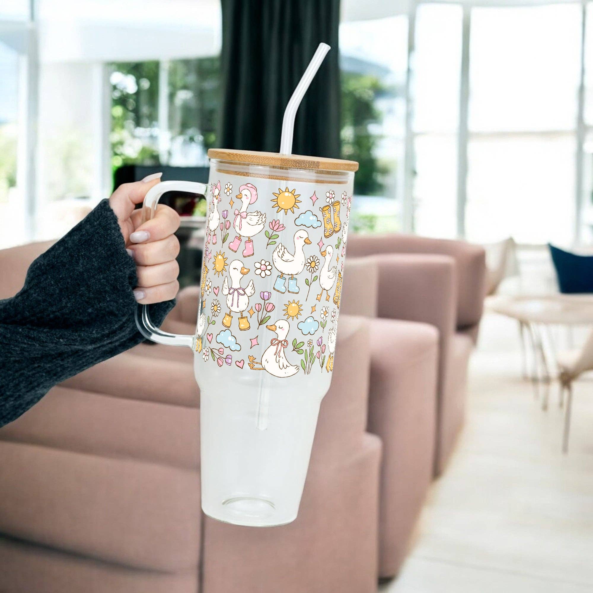 Sip-Sip Hooray! - Vendita all'ingrosso Bicchiere/tazza termica - Bicchiere o Tazza in Vetro o Plastica da 40oz con Coperchio e Cannuccia, Stile Cottage-Core Primaverile con Oca Carina2