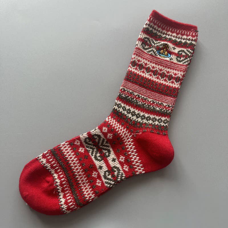 Tourtiwi - Wholesale Socks - Women's - Red Snowflake & Geometric Patterns Christmas Crew Socks7