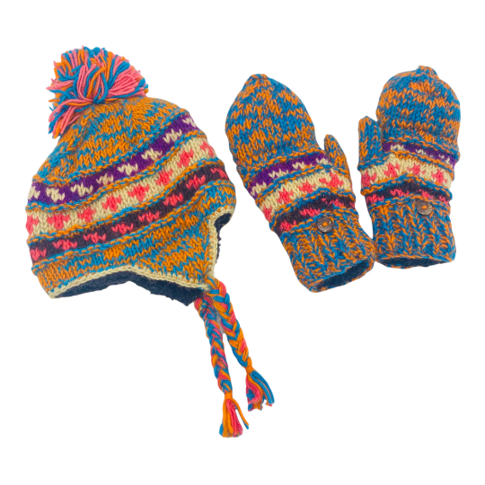 Karma Nepal Crafts - Wholesale Winter Accessory Set - Kids - Hand Knit Winter Kids Hat with Gloves2