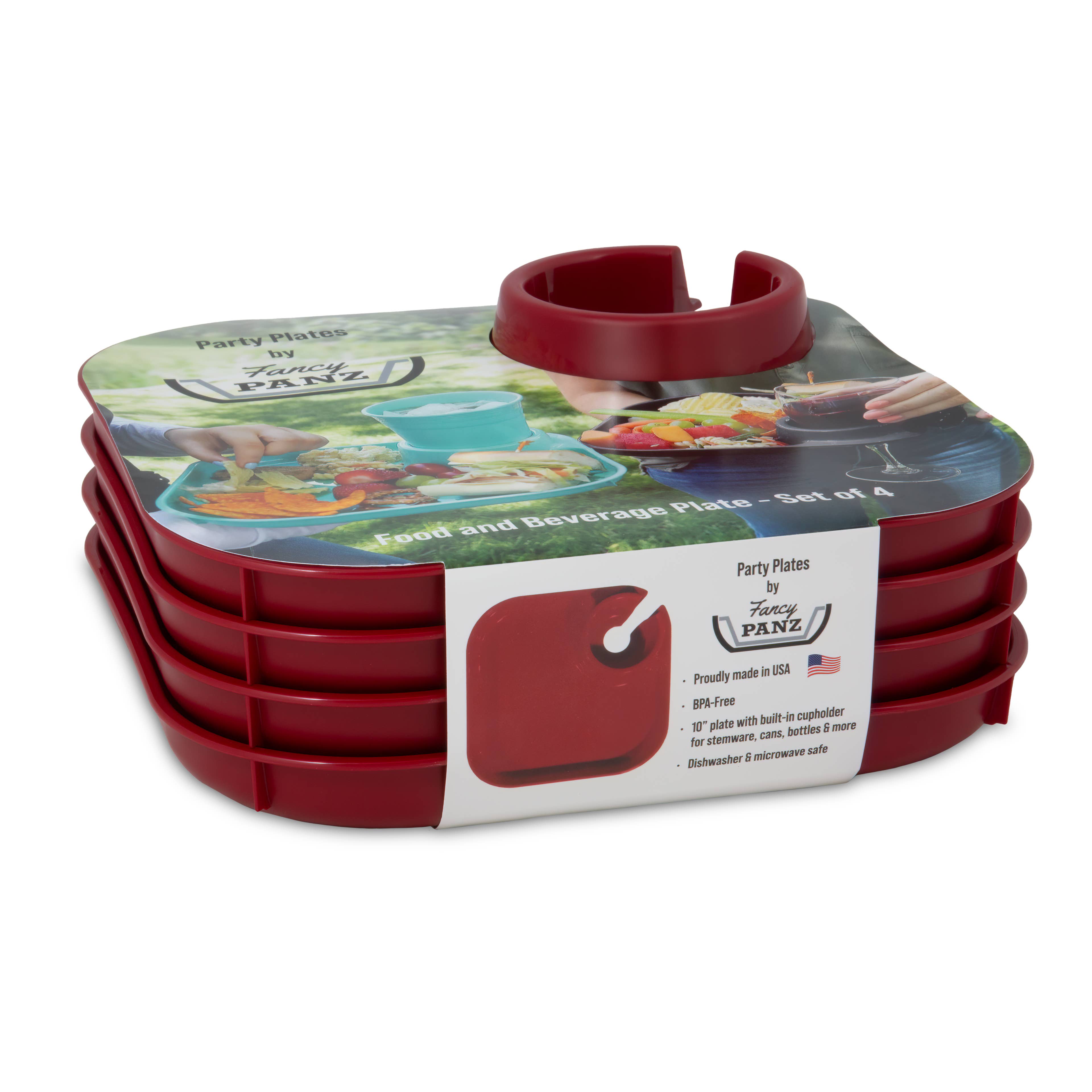 Fancy Panz - Vente Assiette jetable - Assiettes de fête réutilisables avec porte-boisson, lot de 4, rouge2