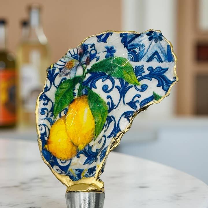 Lemon Tile Oyster Shell Wine Stopper for wholesale by Shell Yeah By Jaks LLC