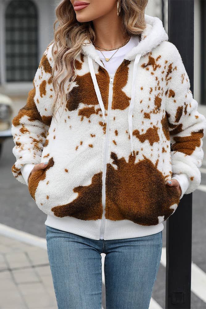 Marrone Cappotto con cerniera con stampa Western Cow e cappuccio SR076 in vendita all'ingrosso su Faire1