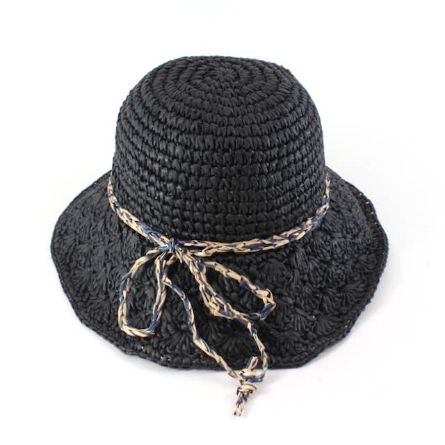 H25017 Handmade Faux-Raffia Crochet Hat w/Bow Design for wholesale by Pretty Persuasions