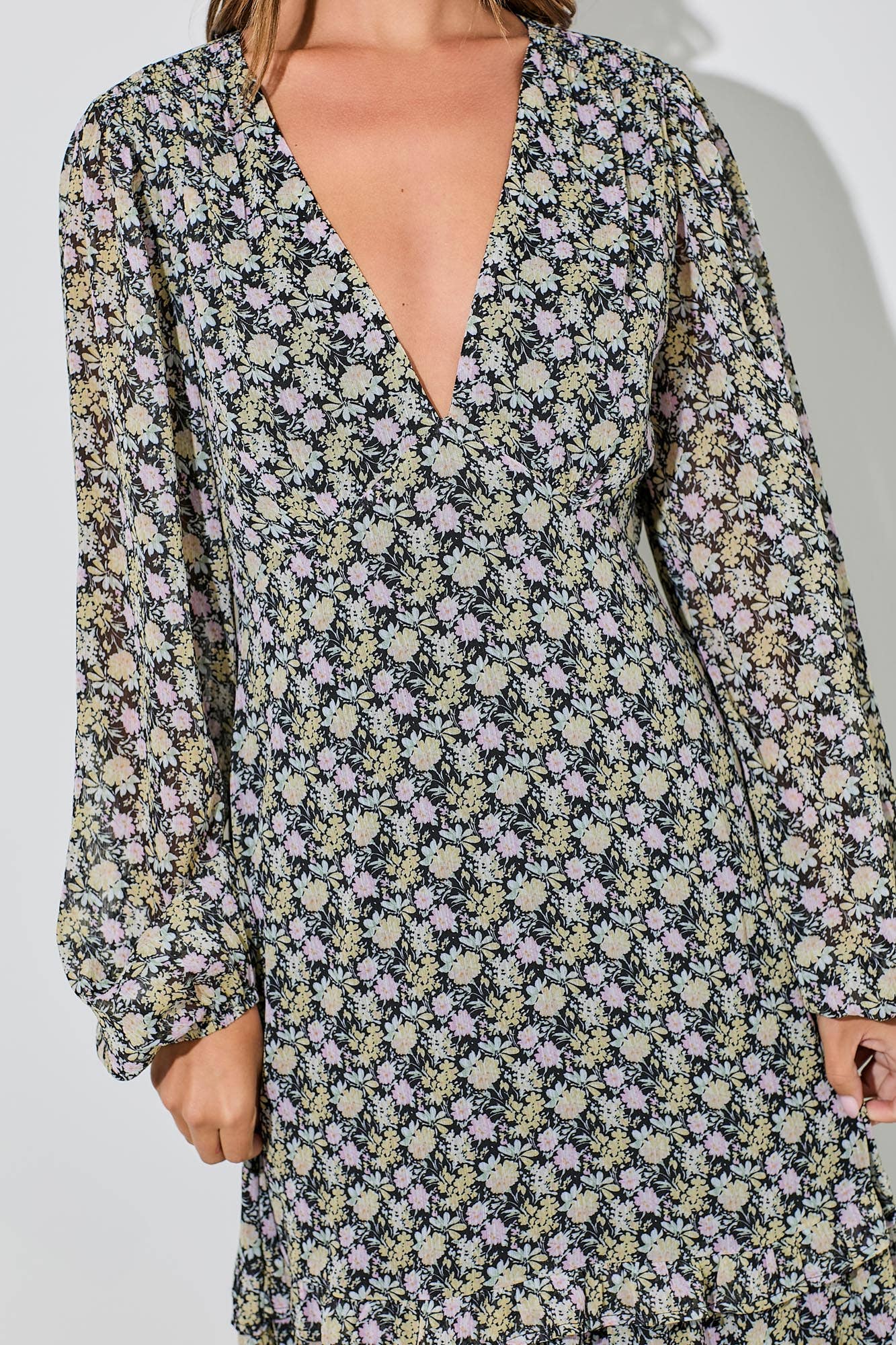 BLACK MULTI FLORAL CHIFFON MAXI DRESS for wholesale on Faire3