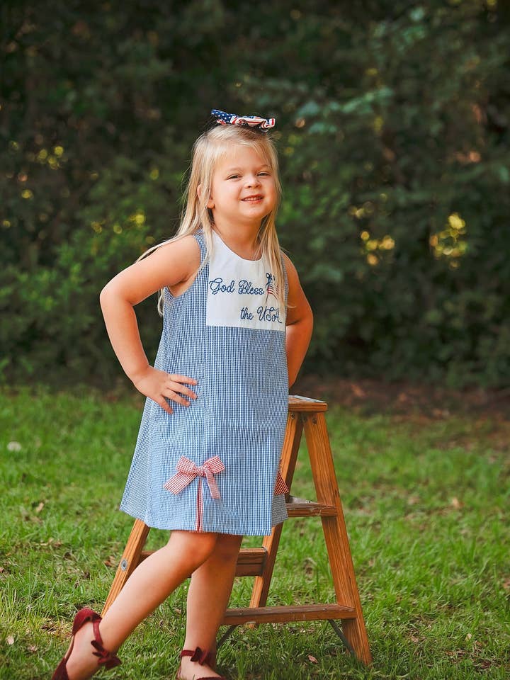 Posh Pickle - Wholesale Dress - Kids - God Bless the USA Seersucker Check Embroidered Kick Pleat Dress