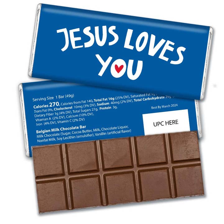 Tablette belge au chocolat au lait emballée à des motifs religieux - Jesus Loves You pour la vente par Just Candy
