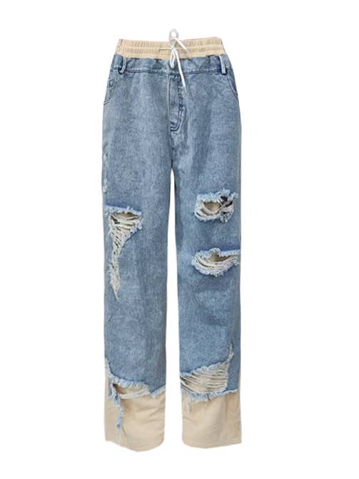 Drawstring patchwork ripped denim sweatpants for wholesale by HIDDENBRAND