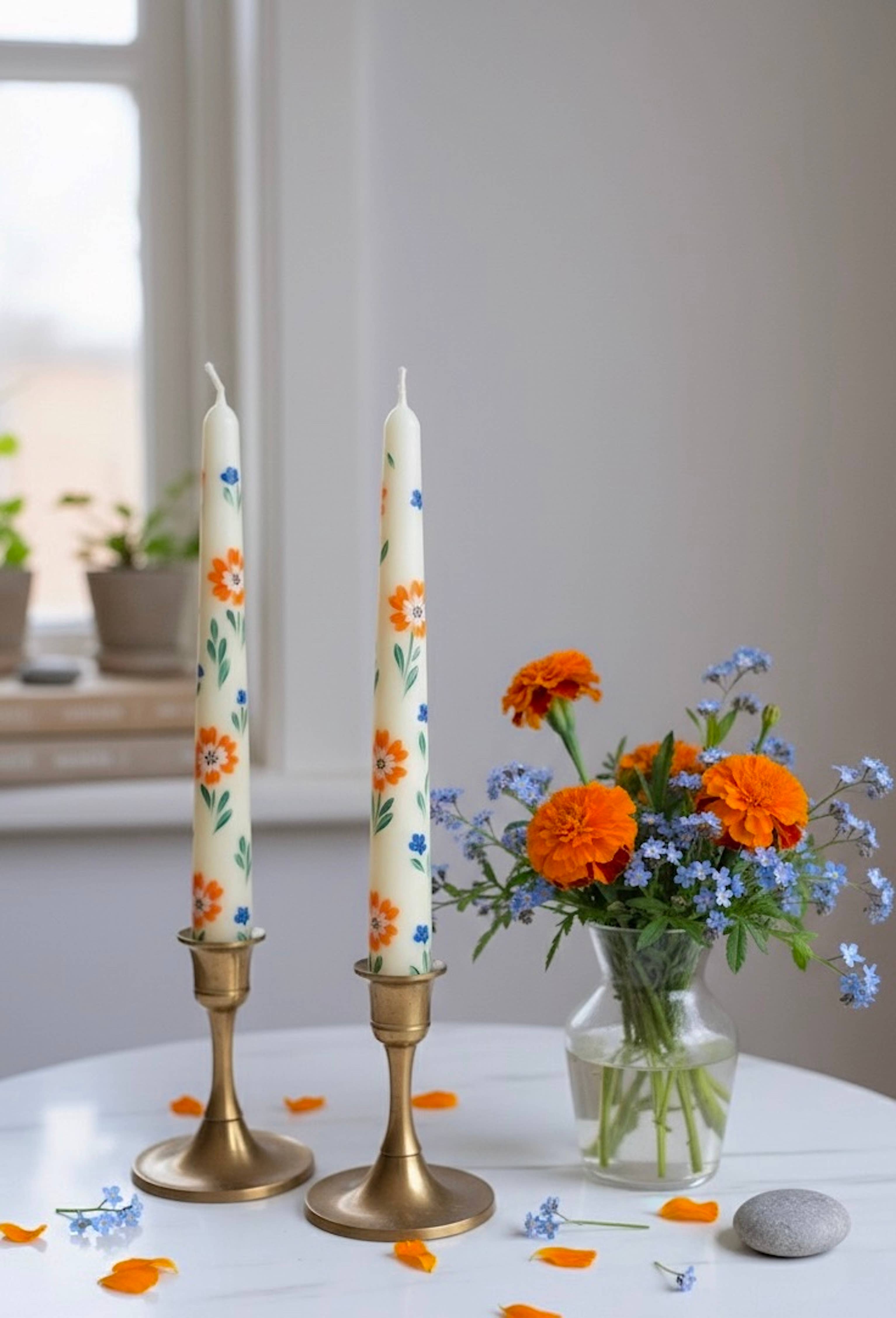 May20design - Wholesale Tapered Candle/Candlestick - Set of 2 Hand Painted Floral Taper Candles for Table Decor0