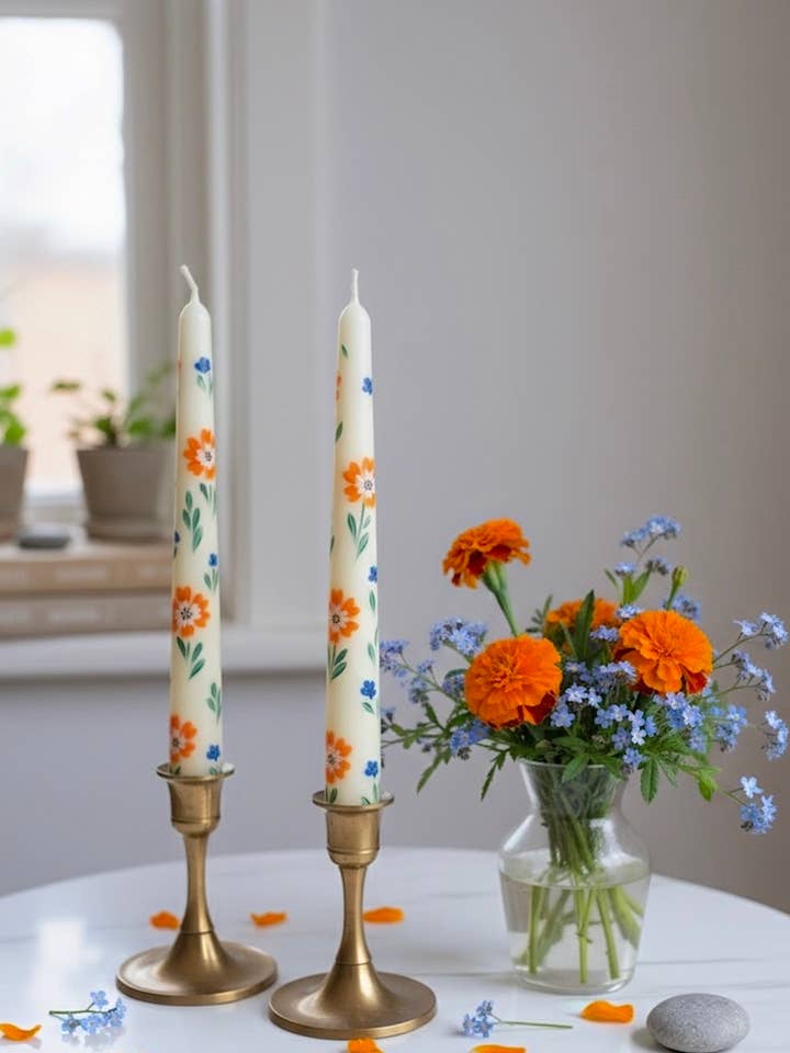 Set of 2 Hand Painted Floral Taper Candles for Table Decor for wholesale by May20design