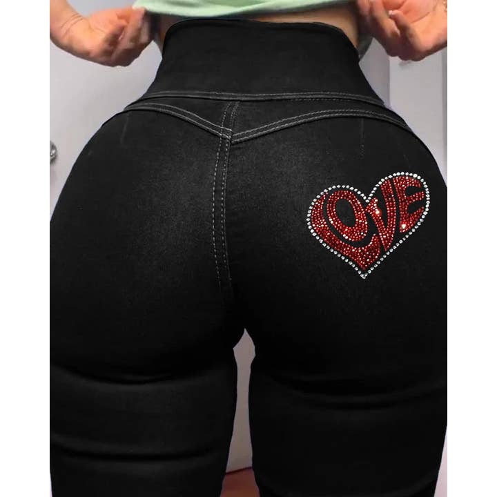 Love Heart Print Fersken-hofteformede jeans for engroshandel hos Tourtiwi