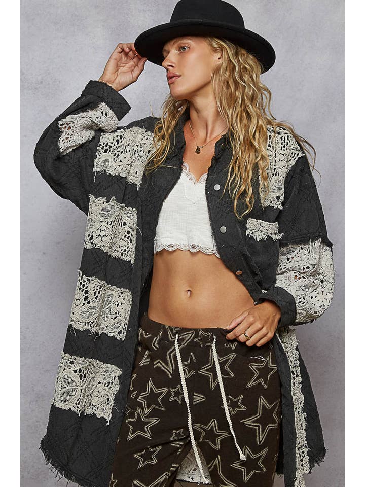 Pol Clothing - Wholesale Shirt Jacket/Shacket - Women's - Vintage washed oversize crochet patches shacket