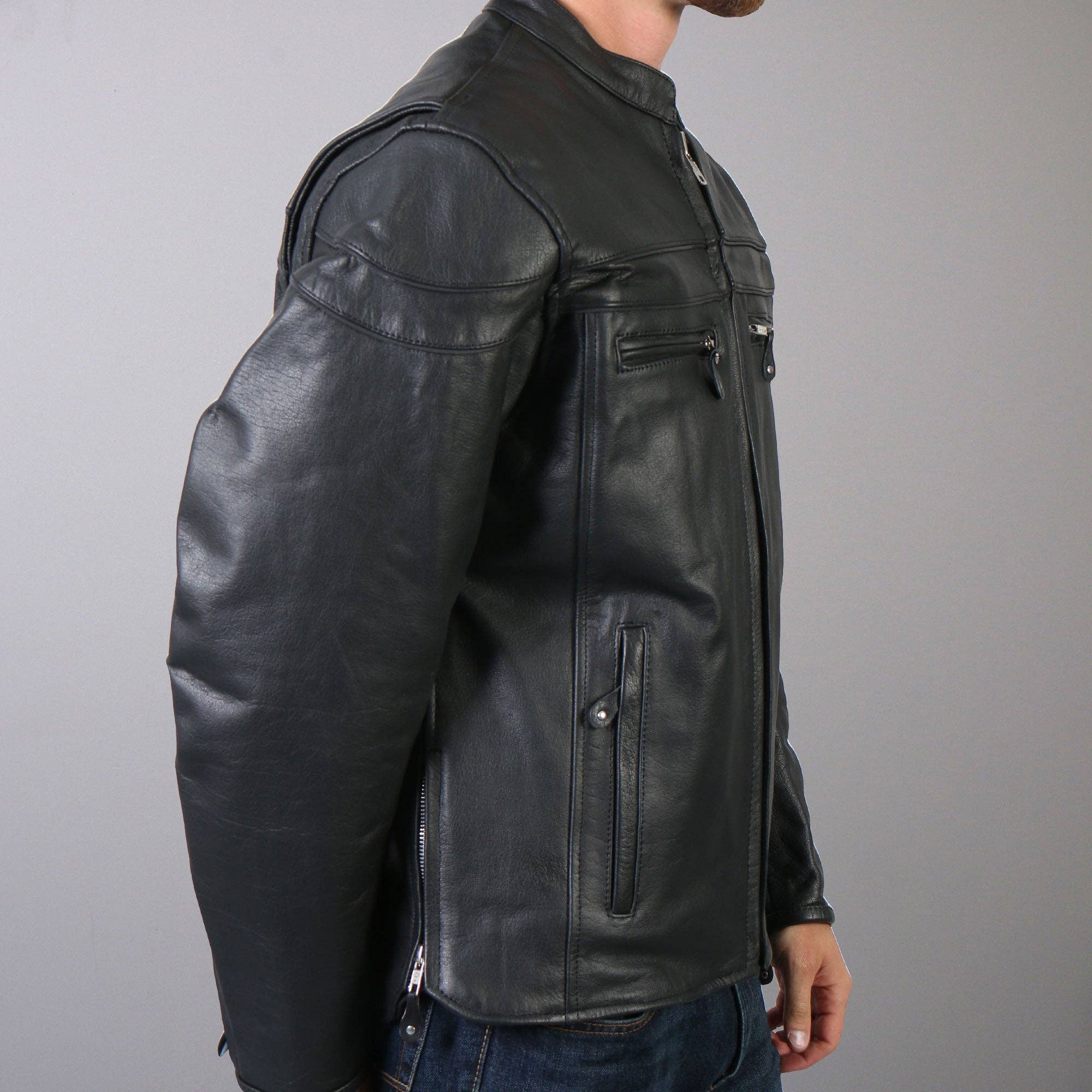 BLK Hot Leathers JKM1011 Men's Black Leather Vented Motorcycle Racer Jacket with Double Piping for wholesale on Faire4