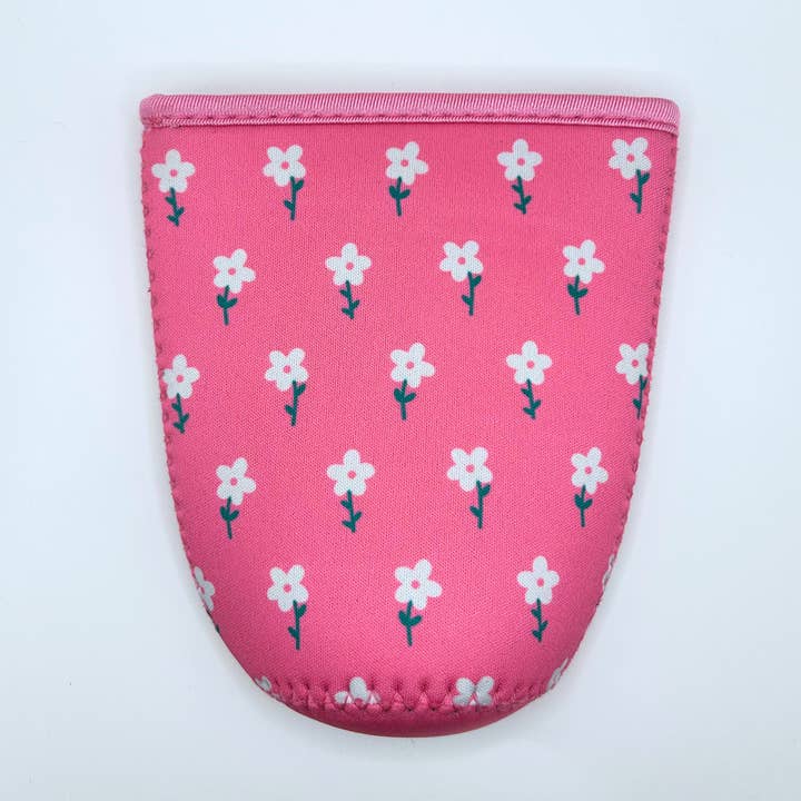 Sun and Mind Co. - Wholesale Drink Huggers & Koozies - Pink and White Flower Field Iced Coffee Drink Sleeve2