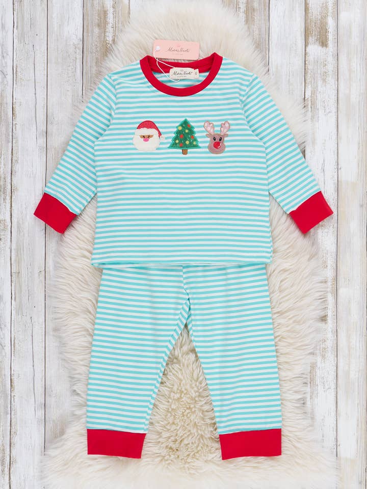 Christmas Cheer Striped Embroidered Pajamas for wholesale by Marie Nicole Clothing