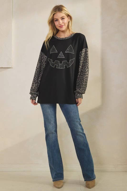 Sunday Morning - Wholesale Tunic - Women's - T0677HE12-Rhinestone Pumpkin Animal Contrast Top14