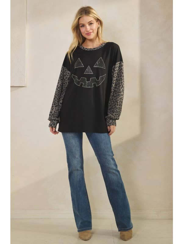 Sunday Morning - Wholesale Tunic - Women's - T0677HE12-Rhinestone Pumpkin Animal Contrast Top14