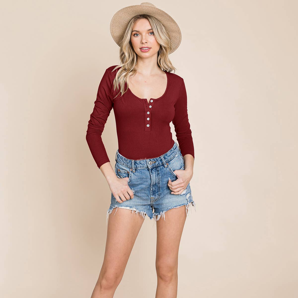 ROLYPOLY - Vendita all'ingrosso Body - Donna - Body Henley in maglia a costine a maniche lunghe con scollo rotondo16