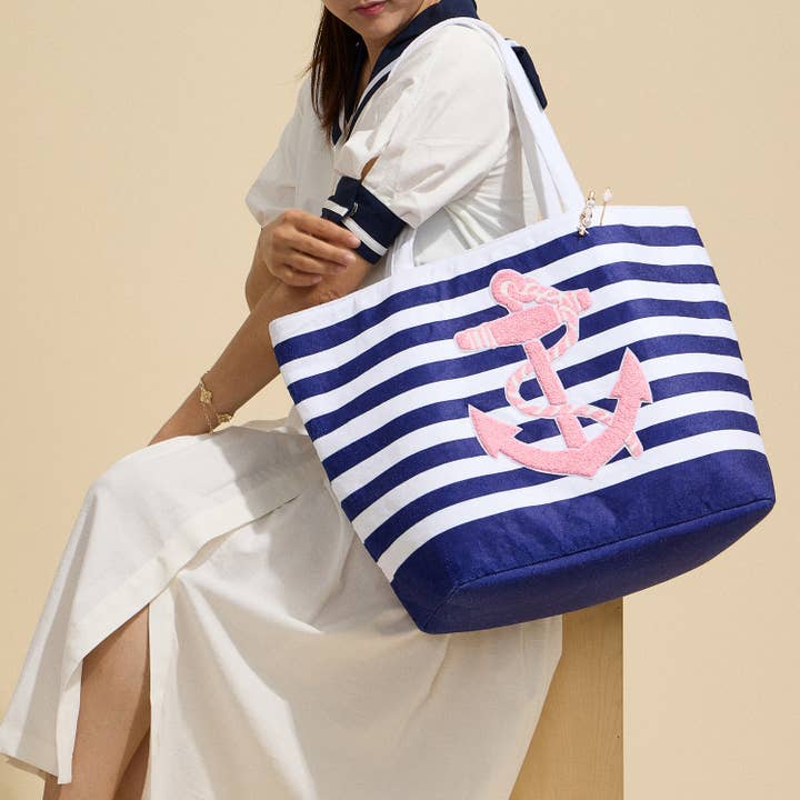 Lilla Haven - Wholesale Beach Bag - Terry Stripe Print and Anchor Patched Large Size Beach Tote3