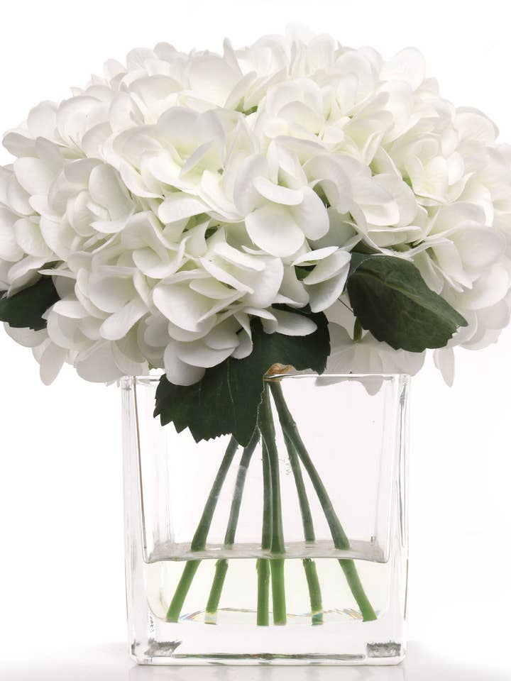10" White Hydrangea Flowers In Glass Vase With Water Look for wholesale by Larksilk