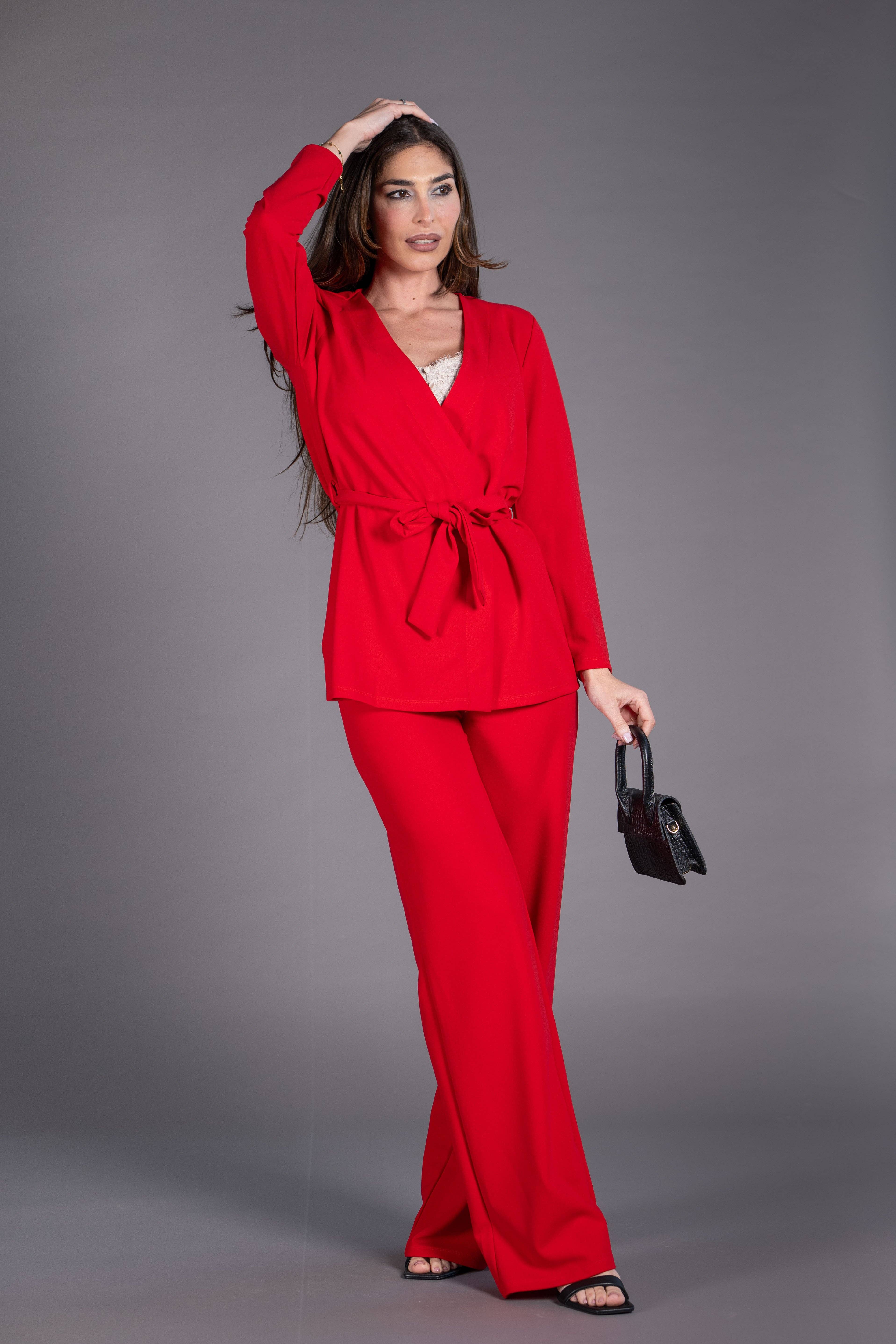 Julie d orleac - Wholesale Suit Set - Women's - Red belted double-breasted jacket and pantsuit2