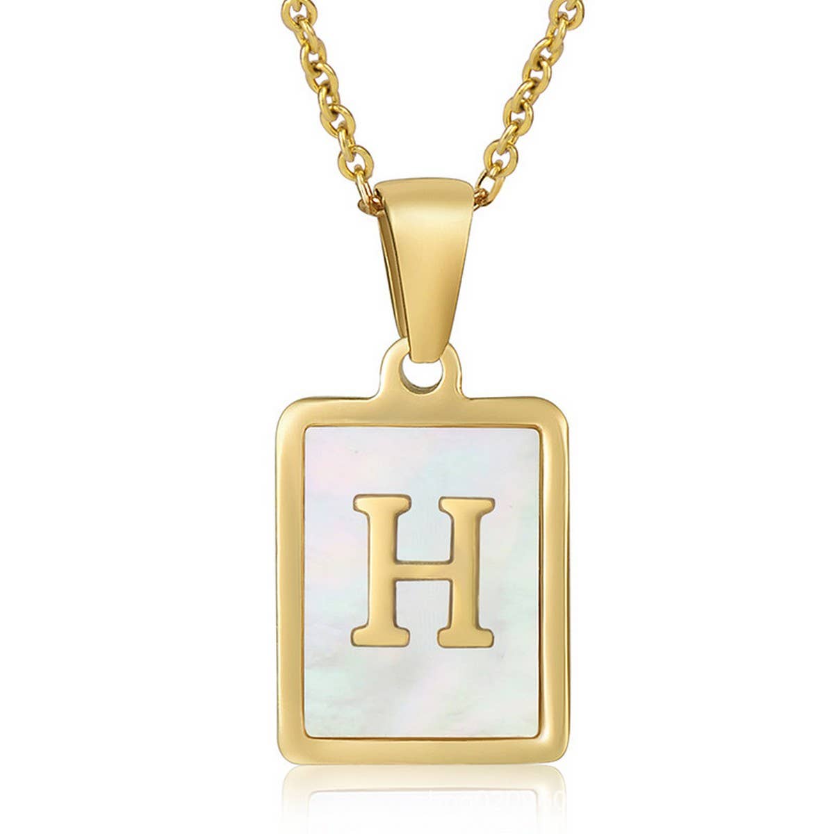 NINEXIS - Wholesale Pendant/Charm Necklace - CWAJE1917_Square Stainless Steel White Shell Letter Necklace8