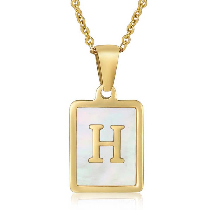 NINEXIS - Wholesale Pendant/Charm Necklace - CWAJE1917_Square Stainless Steel White Shell Letter Necklace8