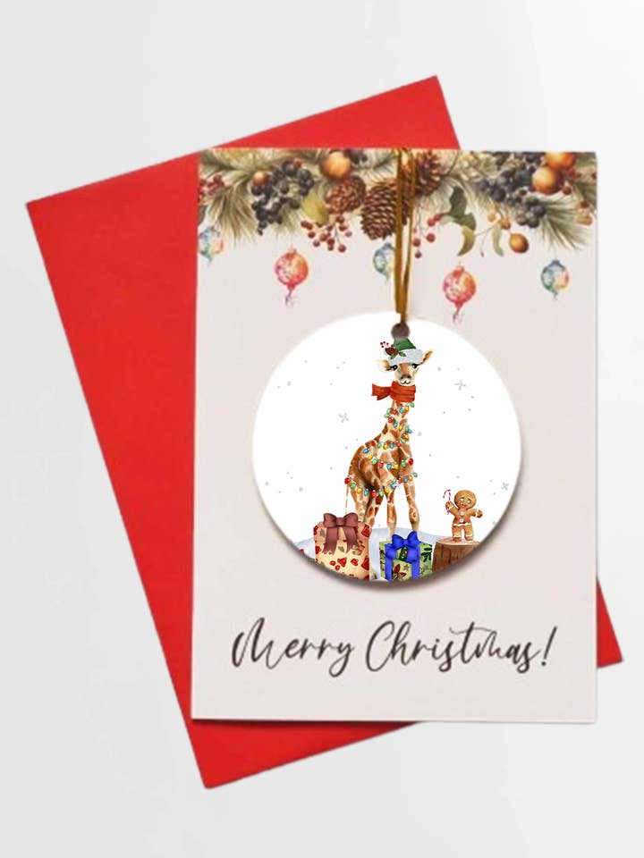 Giraffenkarte „Merry Christmas Christmas“ mit abnehmbarer Weihnachtskugel für den Großhandel von Homemade Hollydays Wholesale