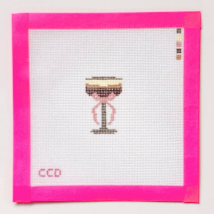 Cotswold Co Designs - Wholesale Embroidery/Cross Stitch Supplies - Hand Painted Espresso Martini 2” Needepoint Canvas 18 Mesh Coquette Needlepoint Canvas Cocktail Hand Painted2