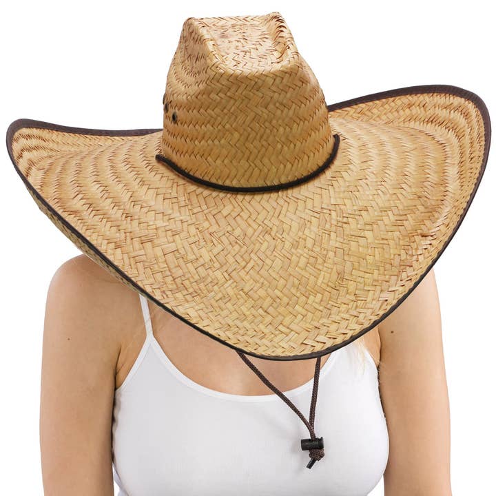 Natural Dark Brown Eyeleted Biggs Extra Wide Retro Brim Straw Cowboy Hat for wholesale on Faire