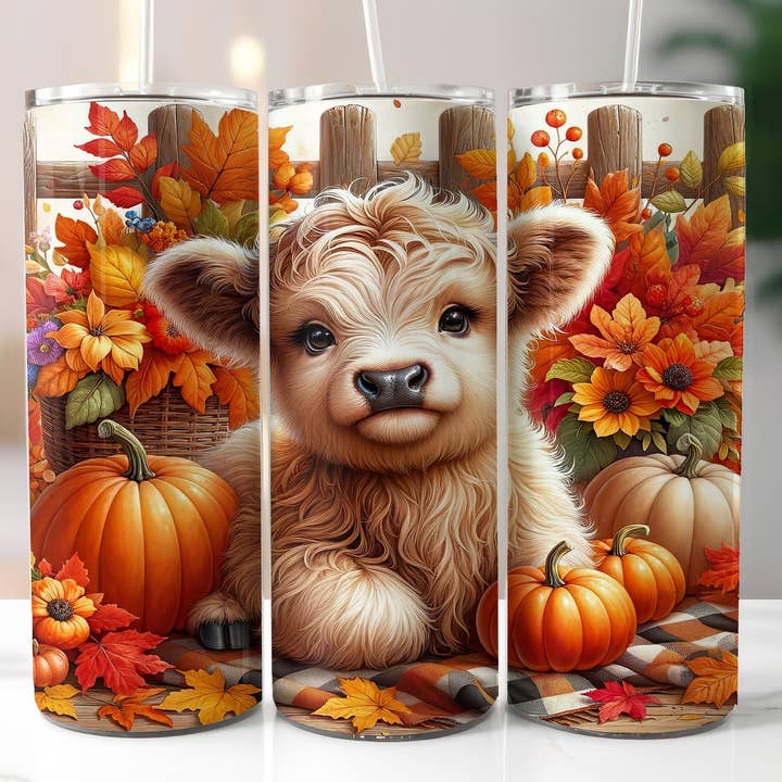 Dm Crafting - Wholesale Insulated Mug/Tumbler - Fall Highland Cow Tumbler, 20oz Skinny Tumbler, Fall Decor
