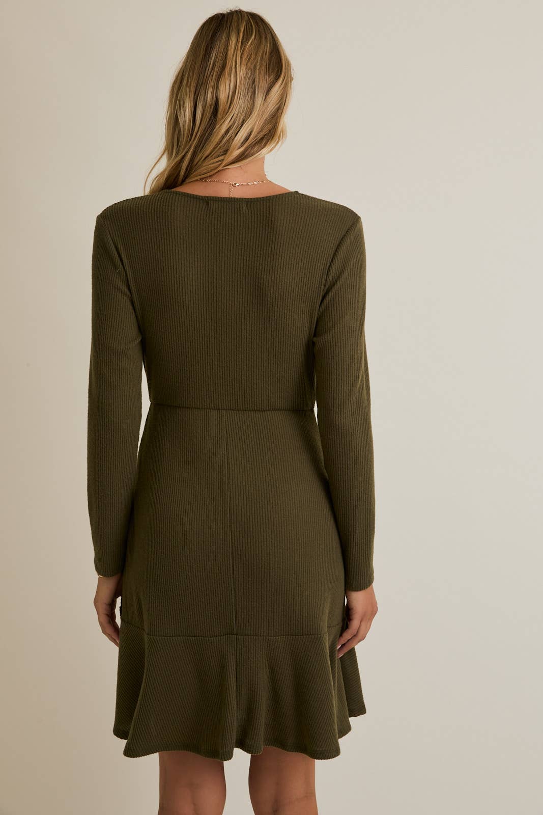 OLIVE SURPLICE LONG SLEEVE O-RING TRIM MINI DRESS for wholesale on Faire2