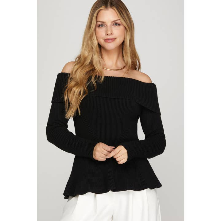 Solid Off Shoulder Long Sleeve Peplum Sweater Top for wholesale by BNS
