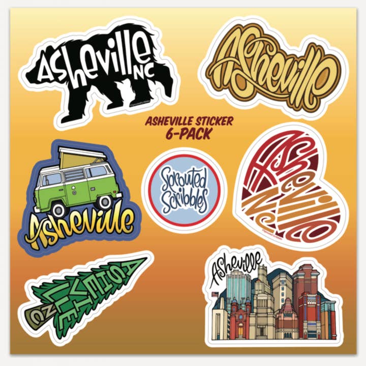 Asheville Sticker Sheet | 6 Stickers | Large | Waterproof for wholesale by Sprouted Scribbles