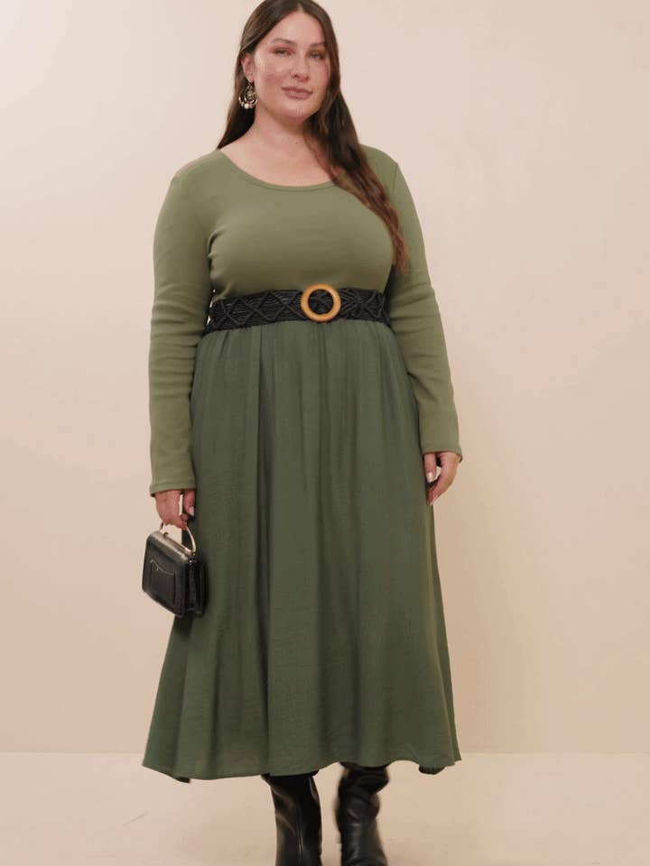 Olive Womens Ribbed Knit Mixed Media Scoop Neck Dress for wholesale on Faire6