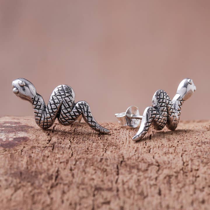 Cute Snakes Sterling Silver Button Earrings for wholesale by NOVICA