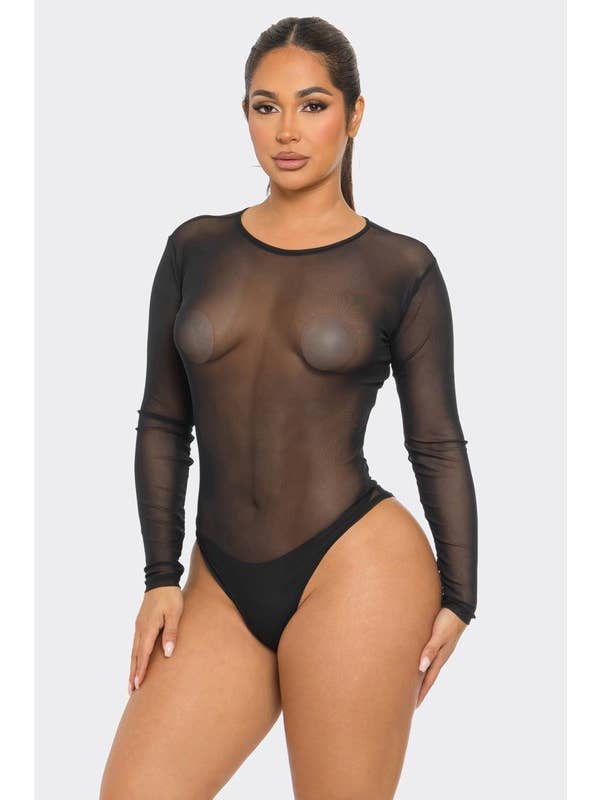 SEXY STAR DESIGN INC - Wholesale Bodysuit - Women's - Mesh Bodysuit See Through Long Sleeve Solid Color1