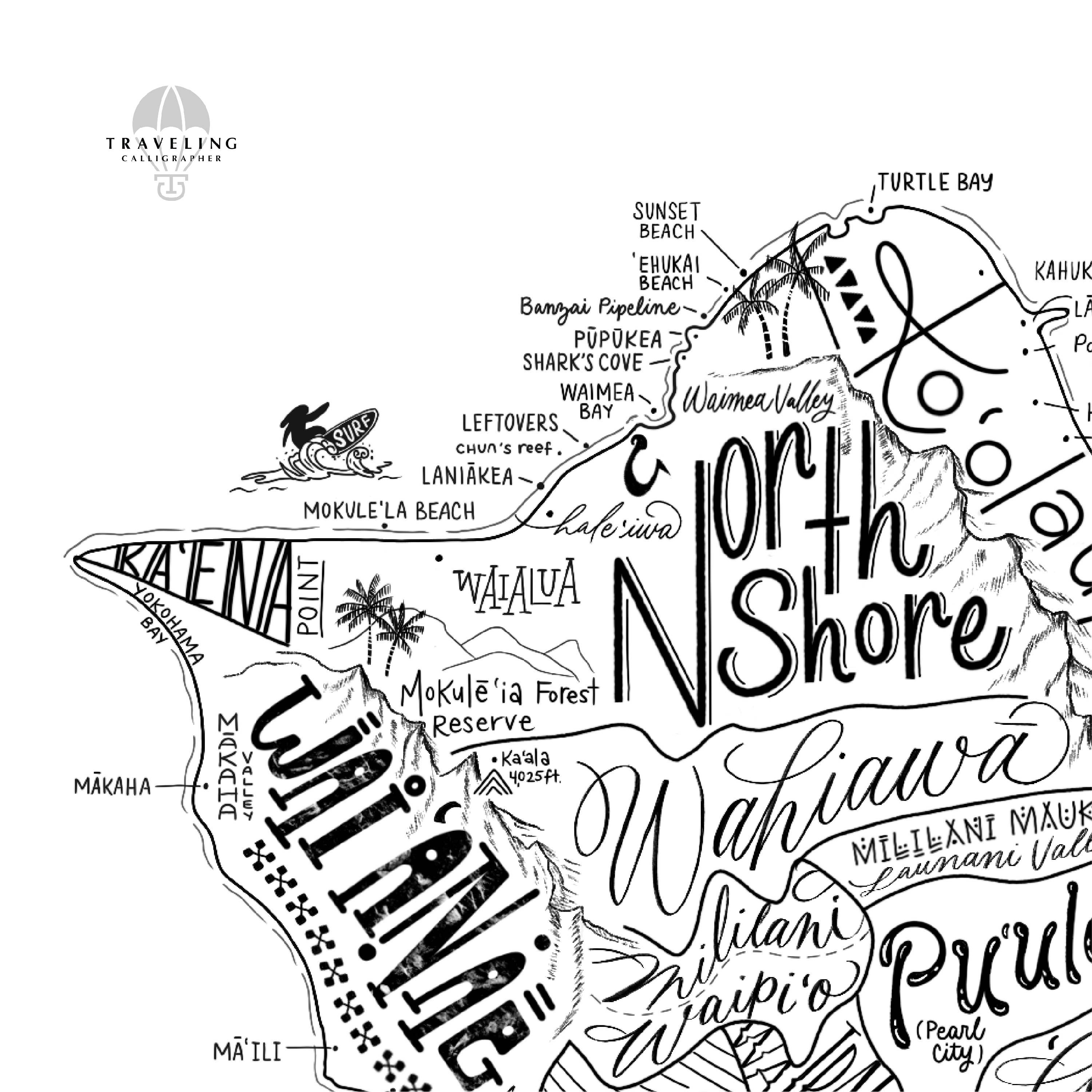 Traveling Calligrapher – Großhandel Kunstdruck – Karte der Nachbarschaft von Oahu Drucken6