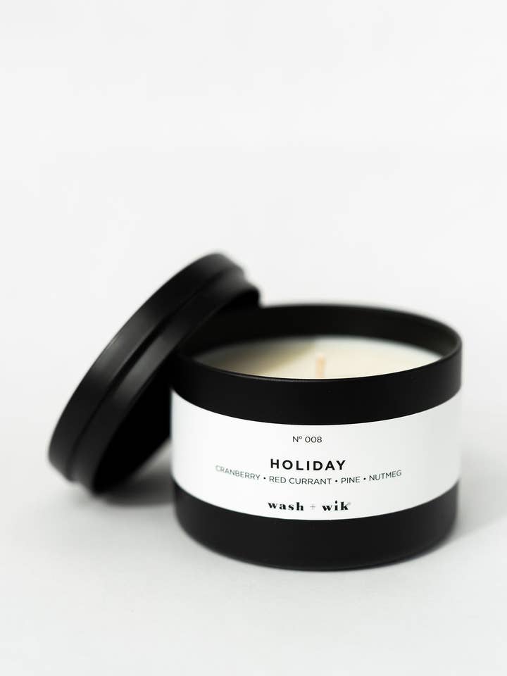 Holiday - 8oz Black Tins - 1 Wick Soy Wax Candle for wholesale by Wash and Wik