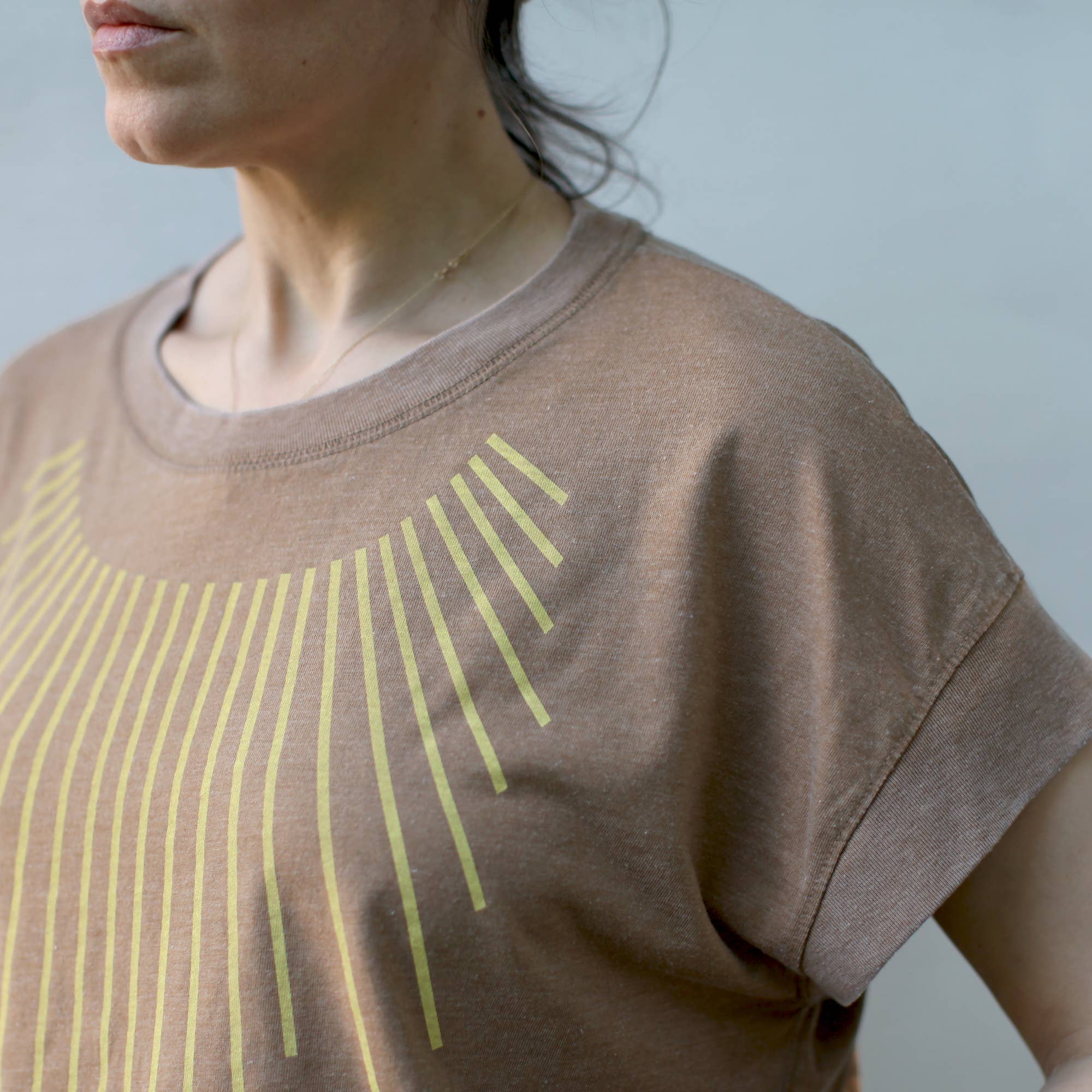 Blackbird Supply Co. – wholesale Screen printed t-shirt – Women′s – Sun Salutation Sun Rays Loose Fit Boxy Tee Yoga Shirt Brown3