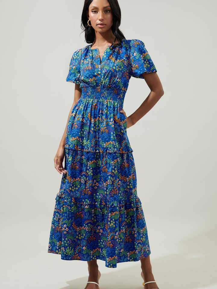 Ruya Floral Palmer Poplin Tiered Maxi Dress for wholesale by Sugarlips