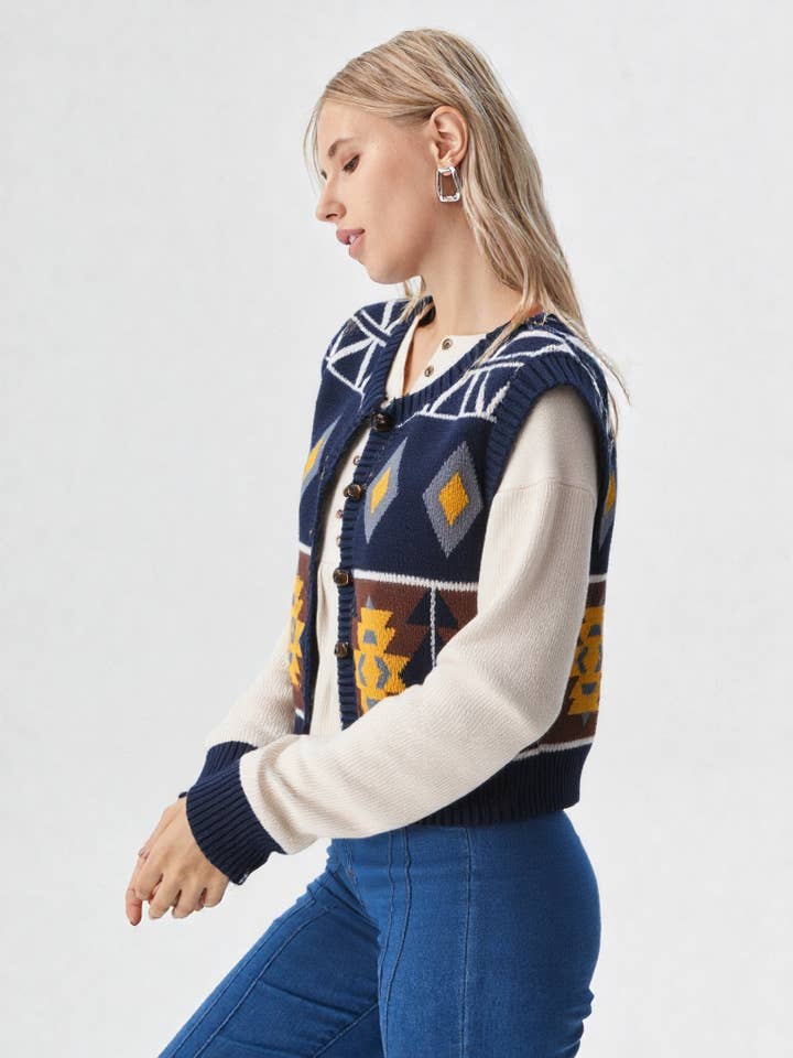 VERY J - Wholesale Sweater Vest - Women's - 12W2661V-Aztec Graphic Button Down Knit Sweater Vest4