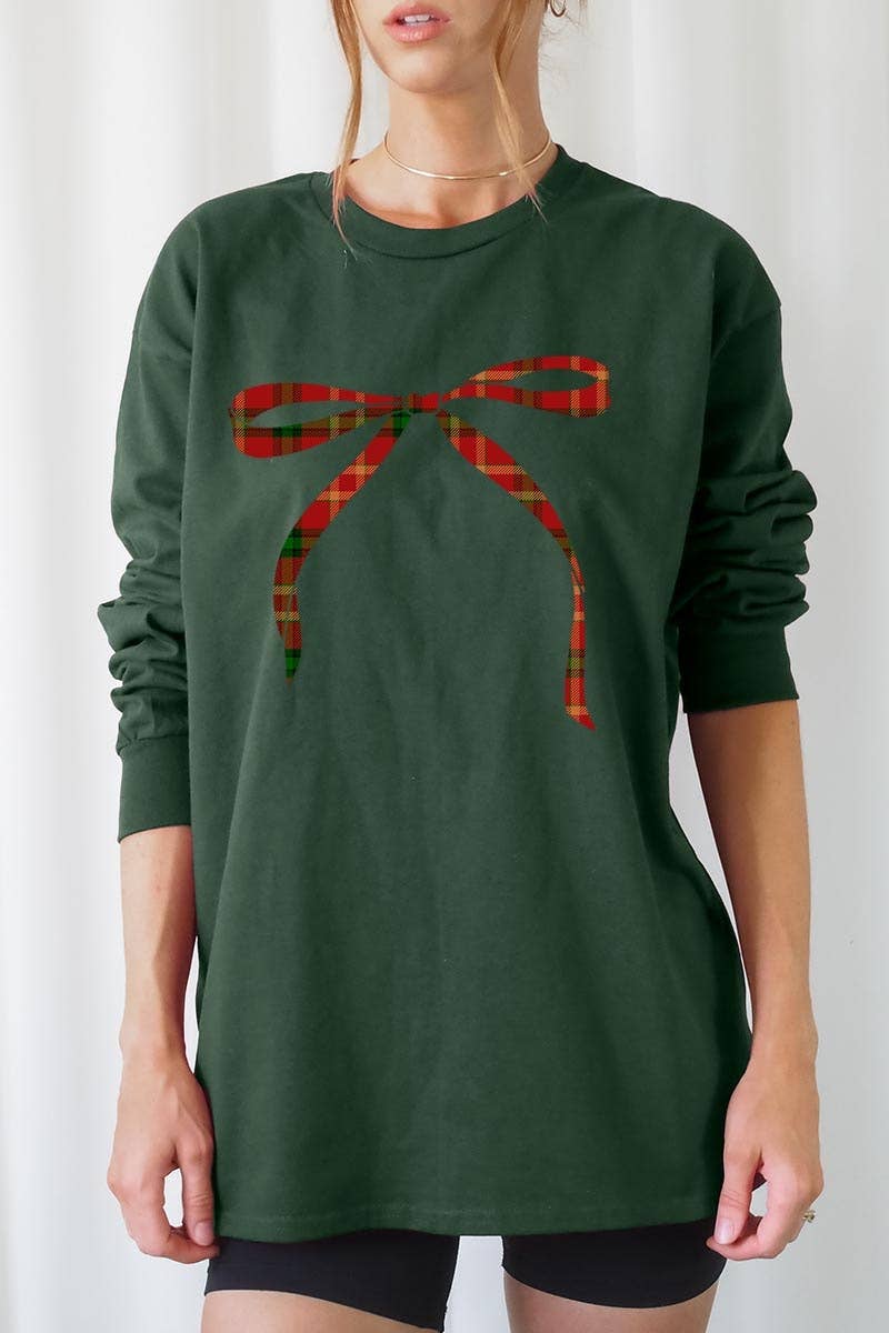 COLORBEAR - Vendita all'ingrosso Maglietta stampata - Donna - Maglietta grafica natalizia a maniche lunghe con fiocco rosso8