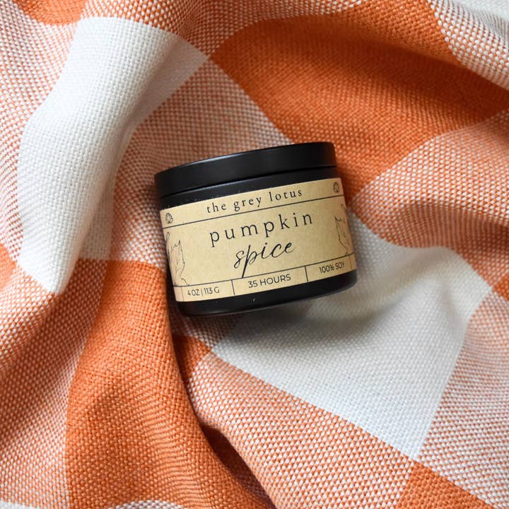 Pumpkin Spice 100% Soy Wax Tin Candle - 4 oz for wholesale by The Grey Lotus