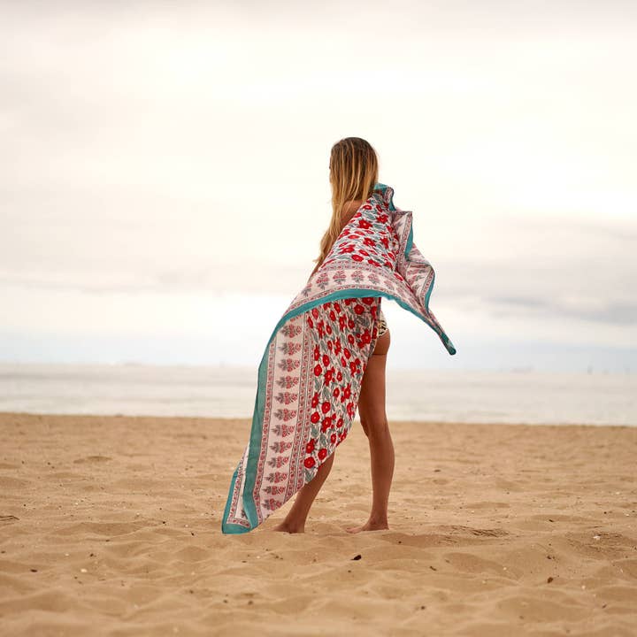 Boho-Eclectica - Wholesale Swim Cover Up - Women's - Block Print Cotton Sarong - Red Flower Print