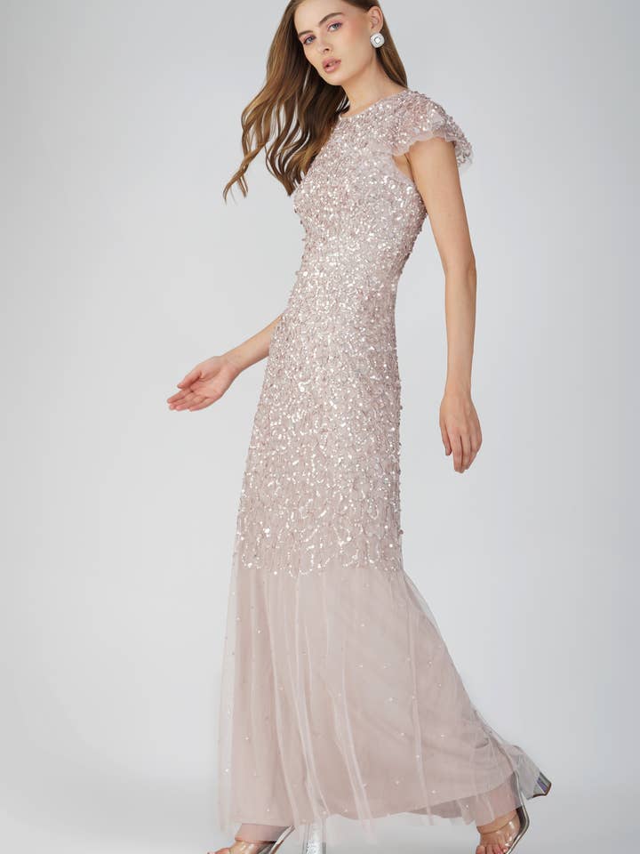 Larissa Short Sleeve Embellished Maxi Dress in Mink for wholesale by Lace & Beads