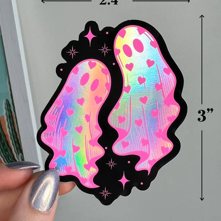 Hearts Ghosts Holographic Waterproof Vinyl Sticker for wholesale by Cooper Calligraphy Art
